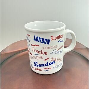 London Font Coffee Tea Cup Mug White Red Blue Made England Vintage EUC Travel
